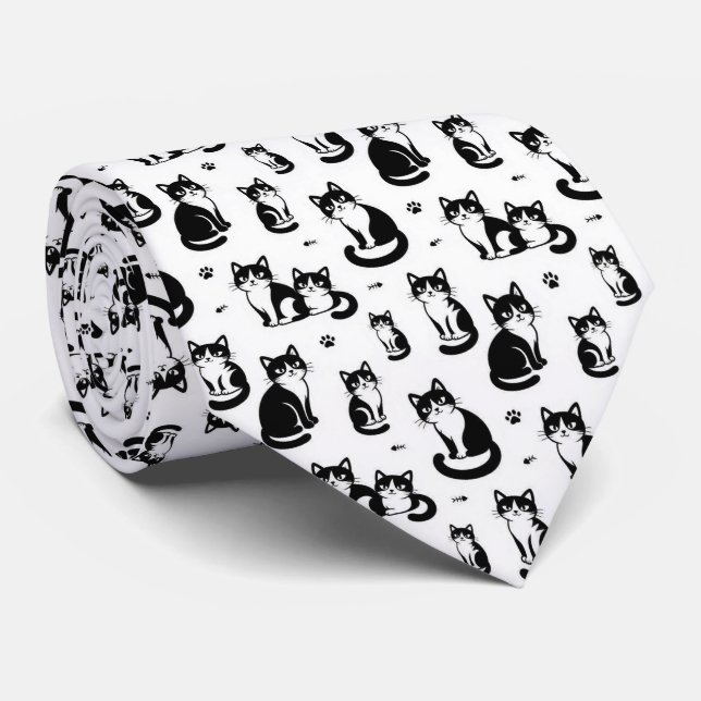 Gravata Ilustrações de Gatos Preto e Branco (Rolled)