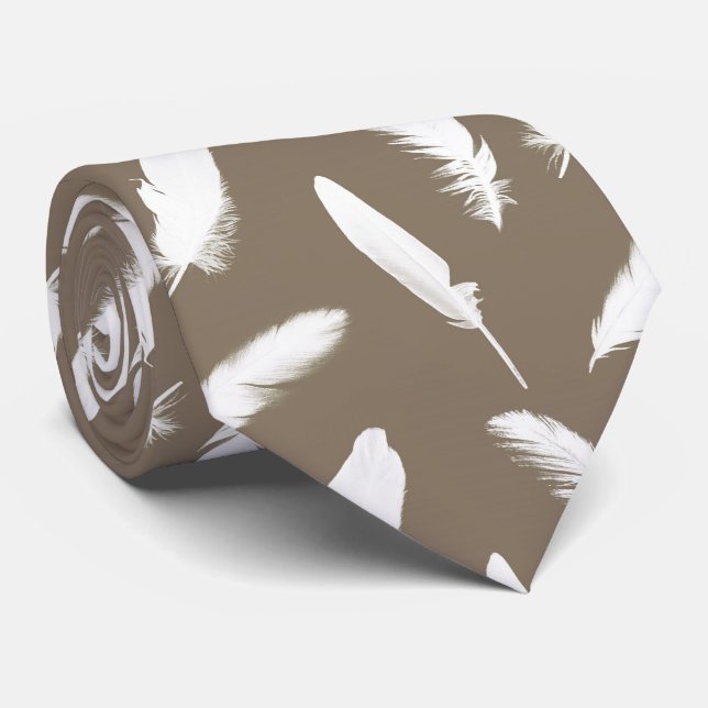 Gravata Impressão da pena branca no taupe (Rolled)