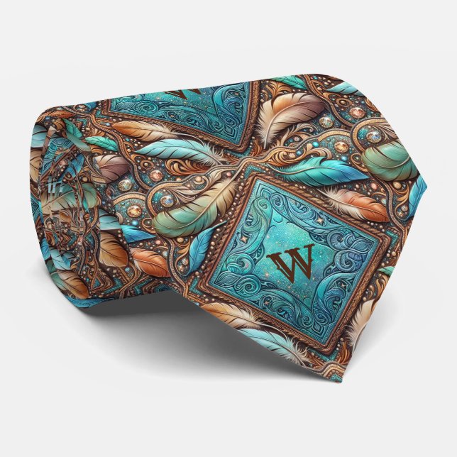 Gravata Impressão de Couro Ocidental e Penas Personalizada (Rolled)