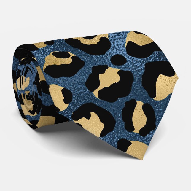 Gravata Impressão de leopardo azul e dourado (Rolled)