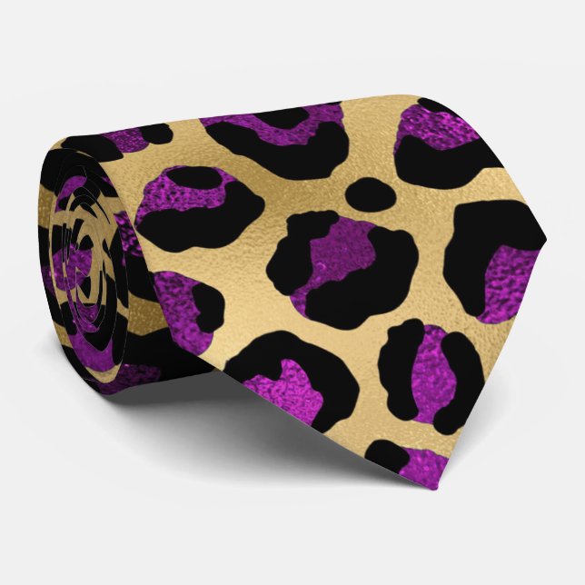 Gravata Impressão de leopardo dourado e roxo (Rolled)