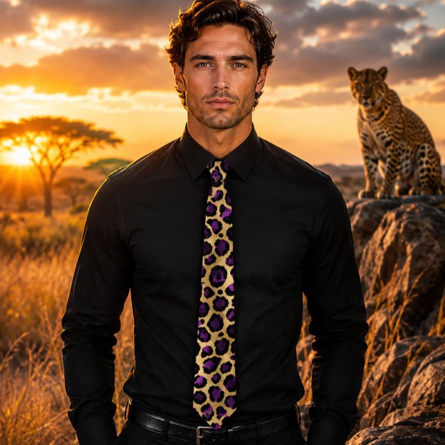 Gravata Impressão em Leopardo Dourado e Roxo (Criador carregado)