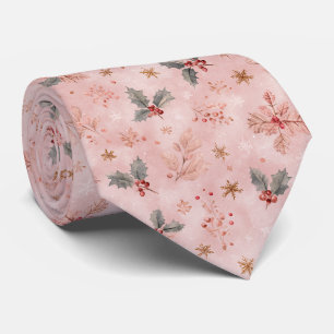 Gravata Inverno Rosa - Folhas de Holly e Flocos de Neve (1