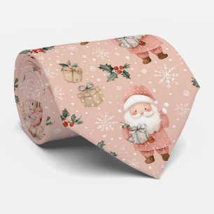 Gravata Inverno Rosa - Papai Noel, Flocos de Neve, Azevinh