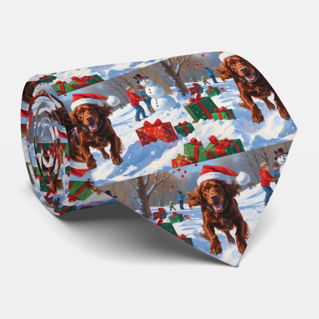 Gravata Irlandês Red Setter Correndo Neve com Chapéu de Na (Rolled)