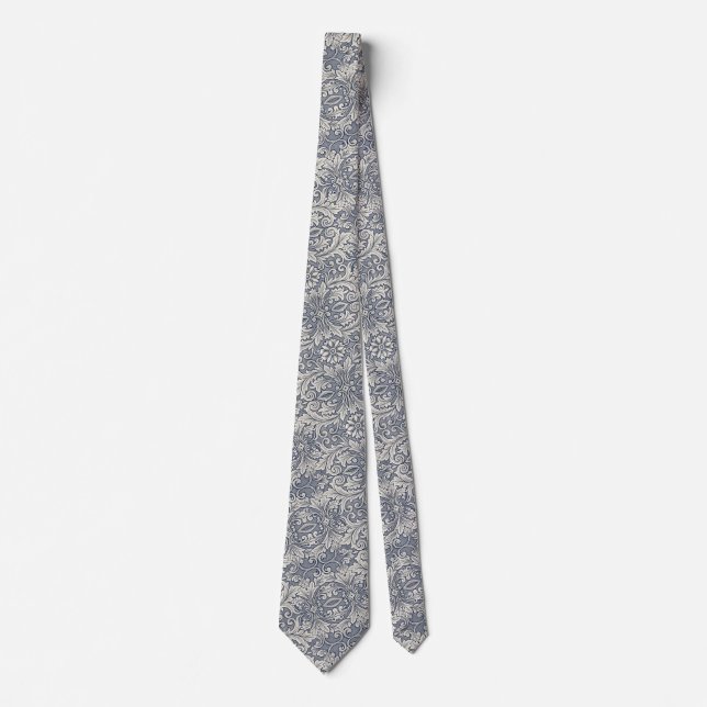 Gravata Italiana Renascença Azul Cinza Damask (Frente)