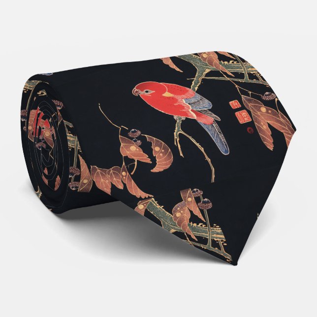Gravata Ito Jakuchu Red Parrot no Branch Japonês (Rolled)