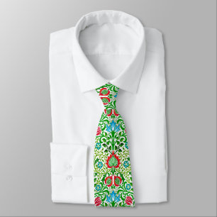 Gravata Jacobean Floral Damask, Green and Coral Red
