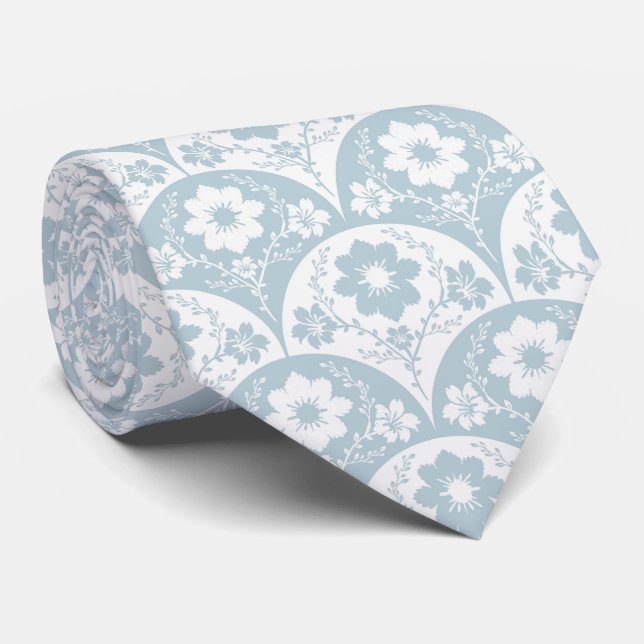 Gravata Japanese Floral Pattern in Soft Blue and White (Rolled)