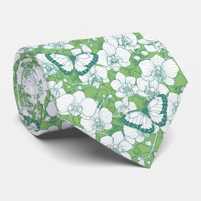 Gravata Jardim Botânico de Orquídeas com Borboletas em ver (Rolled)