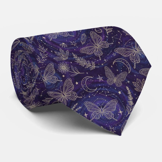 Gravata Jardim Celestial Mágico com Borboletas, Lavanda (Rolled)