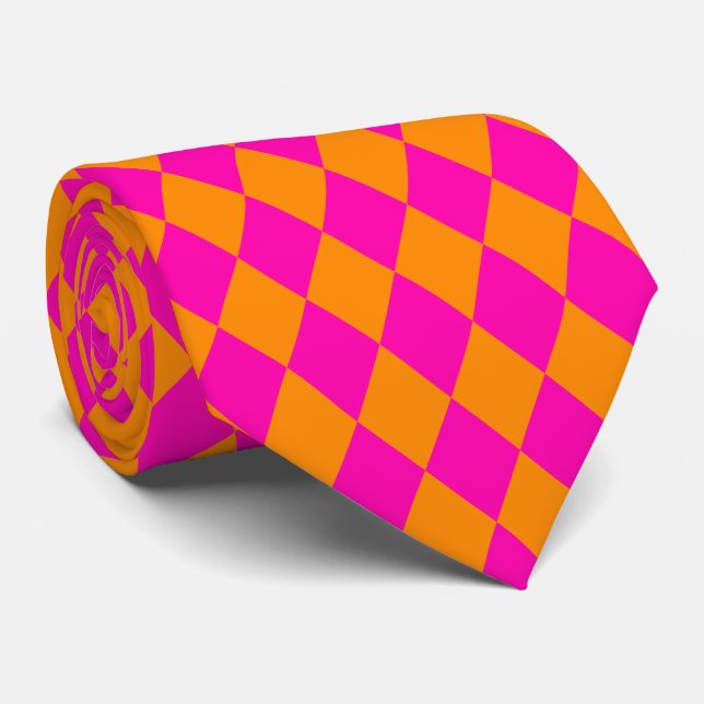 Gravata Jockey Silks Diamond Hot Pink e Orange Neck (Rolled)