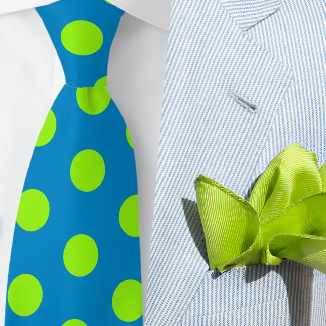 Gravata Jockey Silks Dots Green and Blue Derby (Blue tie with lime green dots with a summer seersucker suit)