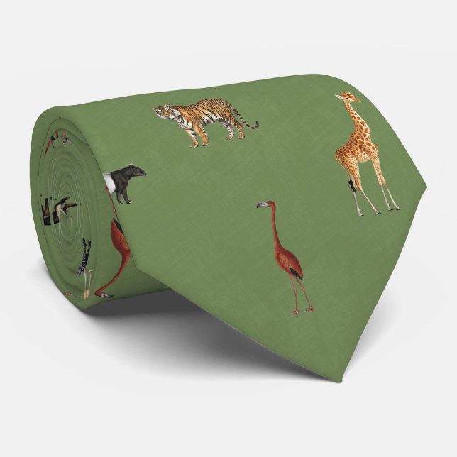 Gravata Jungle Safari Animals Pattern Green Neck Tie (Rolled)