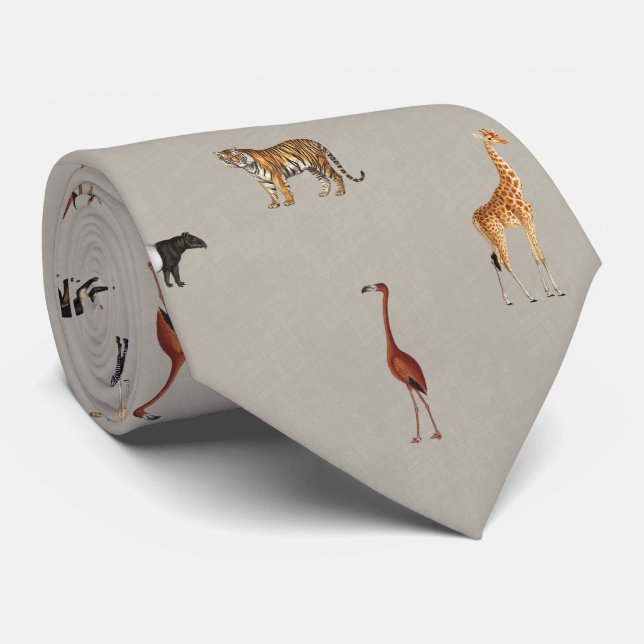 Gravata Jungle Safari Animals Pattern Grey Neck Tie (Rolled)