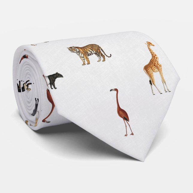 Gravata Jungle Safari Animals Pattern Stone White Neck Tie (Rolled)