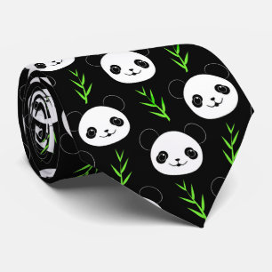 Gravata Kawaii Panda Pattern Bamboo Em Verde Branco Negro
