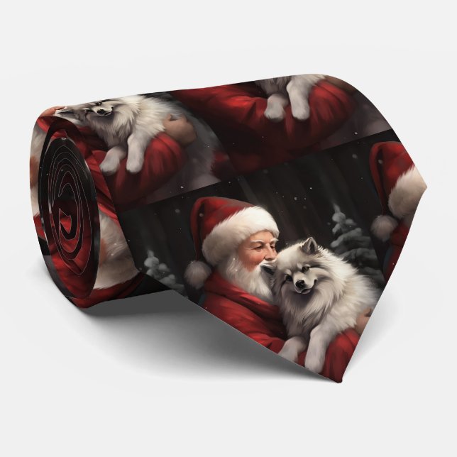 Gravata Keeshond com Papai Noel Natal Festivo (Rolled)