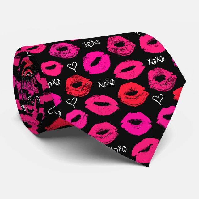 Gravata Kisses XOXO Vermelho e Coletor Rosa (Rolled)