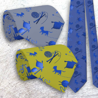 Gravata Knitters Tie Yarn Agulha Cats Padrão Azul