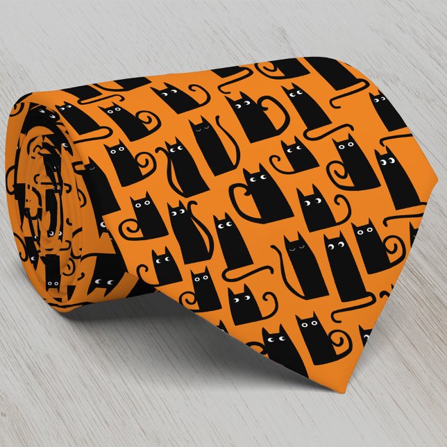 Gravata Laranja do Dia das Bruxas de Gato Negro (Fun black cat pumpkin orange Halloween neck tie for animal lovers)