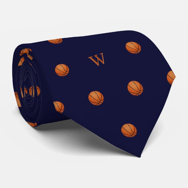 Gravata Laranja Elegante Basquete Monograma Azul Inicial (Rolled)