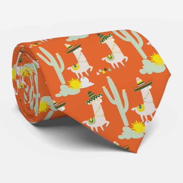 Gravata Laranja Lhamas em Sombreros Funny Pattern (Rolled)