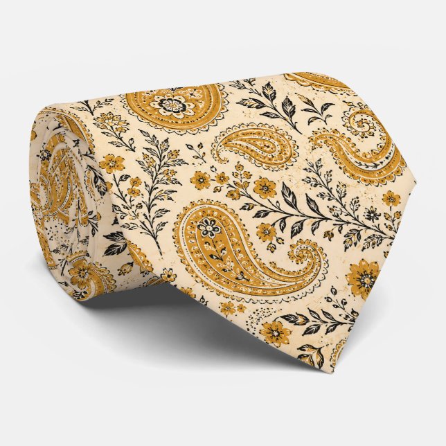 Gravata Laranja Queimada e Paisley Bege  (Rolled)