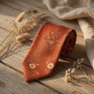Gravata Laranja Queimada Floral Elegante Botânica de Outon