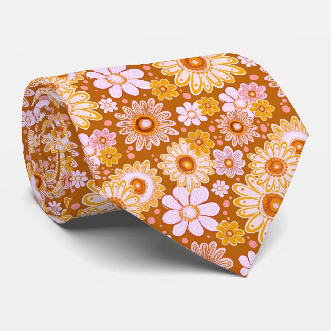 Gravata Laranja Vintage Flor Vibes Coletor (Rolled)