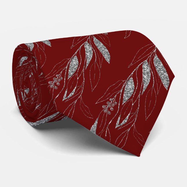GRAVATA LAXE FESTIVE RED SILVER EUCALYPTUS BOTANICAL TIE (Rolled)
