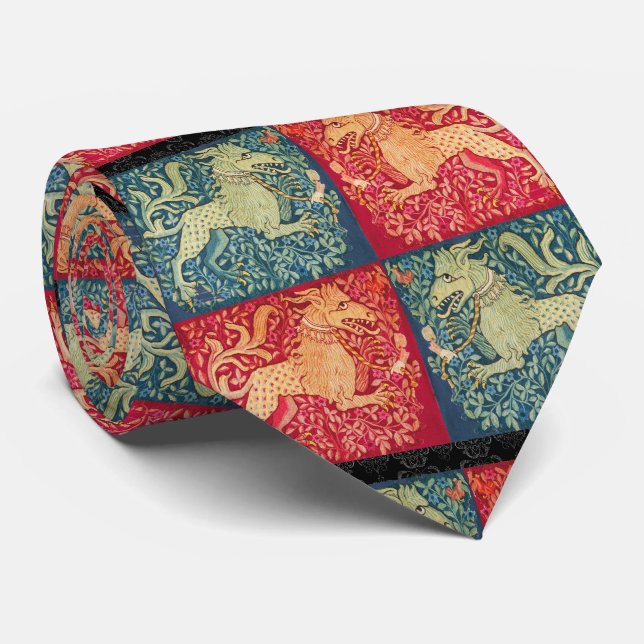 Gravata Leão BESTIÁRIO MEDIEVAL Como Besta Vermelha Azul (Rolled)