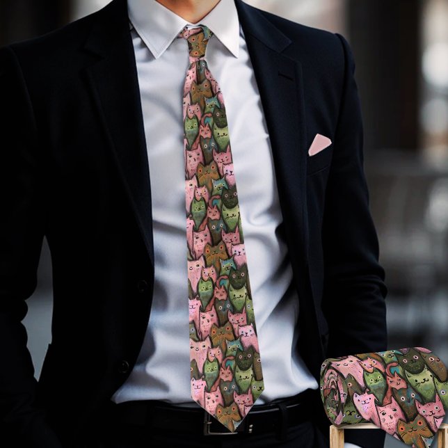 Gravata Legal Gatos Sem Olhos Amarrados - Diversão Rosa E  (Cool Cats Seamless Pattern Tie - Pink & Green Fun (2))