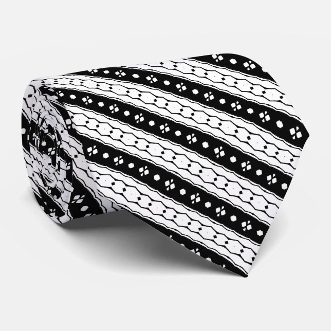 Gravata Leon  | Faixa Geométrica Preto e Branco (Rolled)