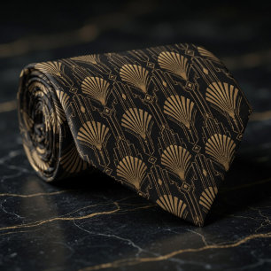 Gravata Leque Art Déco Dourado e Geométrico de Arranha-Céu