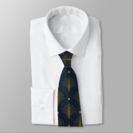 Gravata Leques Elegantes Art Deco / Azul Marinho e Dourado