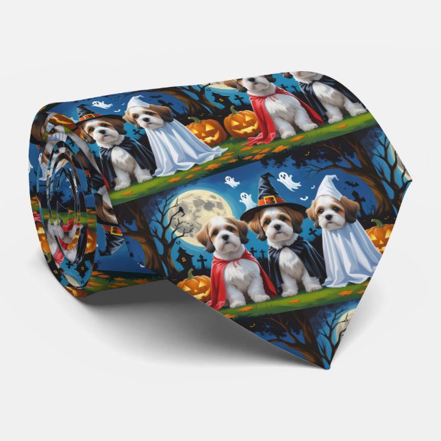 Gravata Lhasa Apso Cachorros Pumpkin Halloween Engraçado (Rolled)