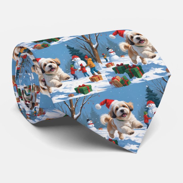 Gravata Lhasa Apso Correndo em Neve com Chapéu de Natal (Rolled)