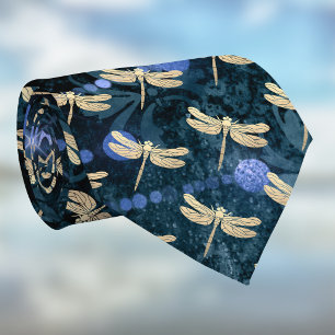 Gravata Libélulas Douradas em Damasco Azul Teal Vintage