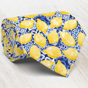 Gravata Limão Citrus Mediterrânica Blue White Azulejo Patt