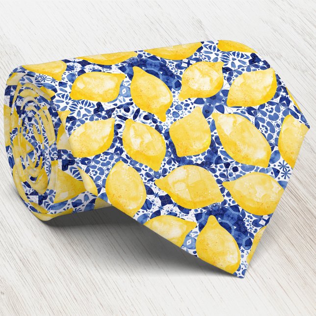 Gravata Limão Citrus Mediterrânica Blue White Azulejo Patt (Mediterranean lemon citrus blue and white tile watercolor neck tie)