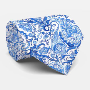 Gravata Linda Arte Floral Paisley Azul Escuro Branco