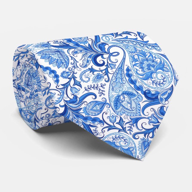 Gravata Linda Arte Floral Paisley Azul Escuro Branco (Rolled)