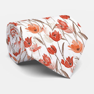 Gravata Linda Laranja Vermelho Chic Flores Papoulas Aquare