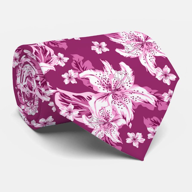 Gravata Lindo padrão de flores magenta (Rolled)