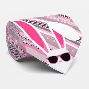 Gravata Listras Rosa, Cinza e Branco com Coelho da Páscoa 