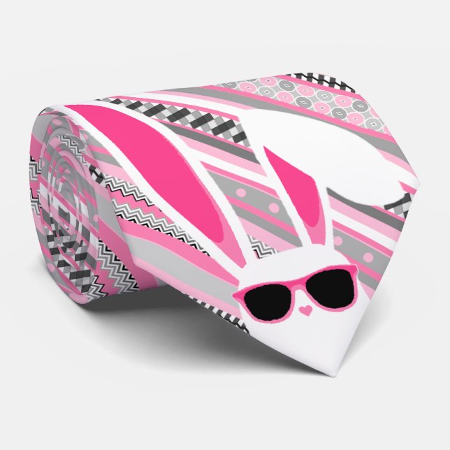 Gravata Listras Rosa, Cinza e Branco com Coelho da Páscoa  (Rolled)