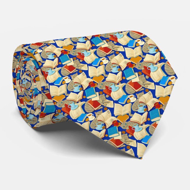 Gravata Livros e gatos em azul (Rolled)