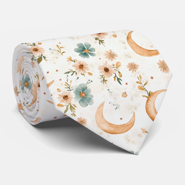 Gravata Lua Crescente Celestial Floral Dourado Brilho (Rolled)