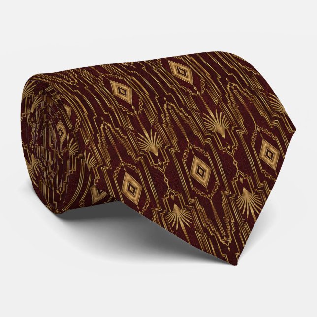 Gravata Luxo Art Déco em Borgonha e Dourado (Rolled)
